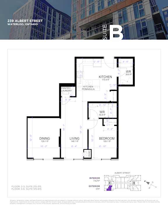 Floor plan for a suite in a building located at 239 Albert Street, Waterloo, Ontario.