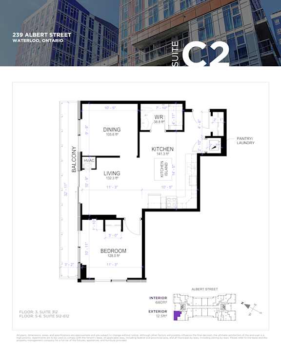 Floor plan for a suite in a building located at 239 Albert Street, Waterloo, Ontario.