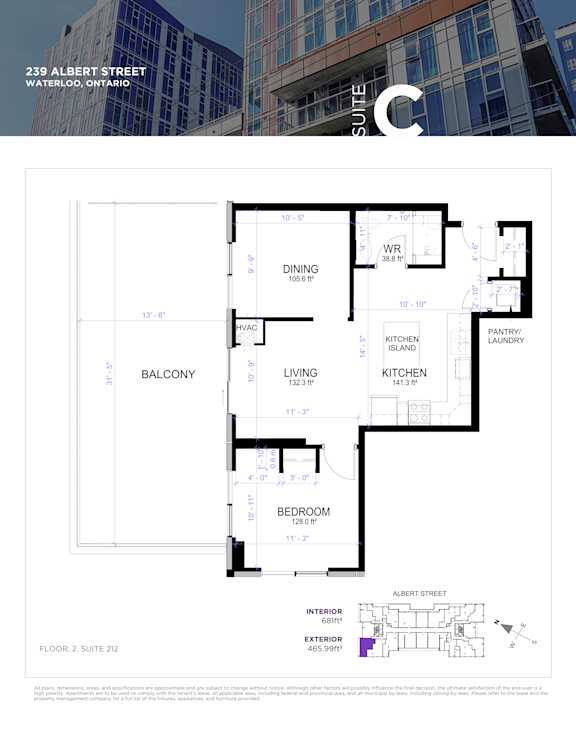 A floor plan for a suite in a building located at 239 Albert Street, Waterloo, Ontario.