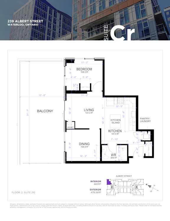 Floor plan for a suite in a building at 239 Albert Street, Waterloo, Ontario.