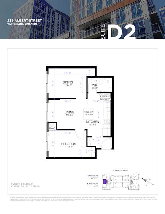 A floor plan for a suite at 239 Albert Street in Waterloo, Ontario.