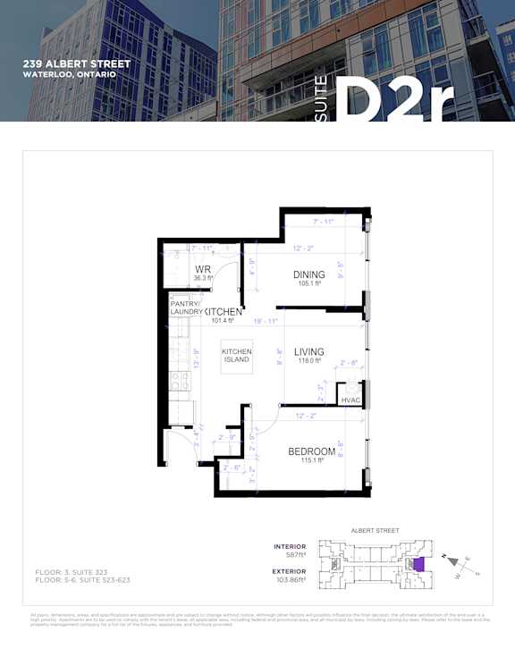 A floor plan for a suite at 239 Albert Street in Waterloo, Ontario.