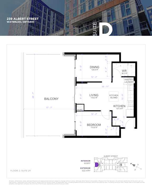 A floor plan for a suite in a building located at 239 Albert Street, Waterloo, Ontario.