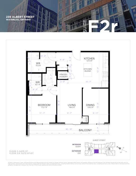 A floor plan for a suite in a building at 239 Albert Street, Waterloo, Ontario.