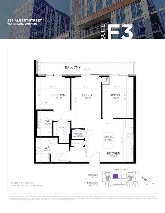 A floor plan for a suite in a building located at 239 Albert Street, Waterloo, Ontario.
