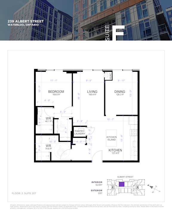A floor plan for a suite in a building located at 239 Albert Street, Waterloo, Ontario.