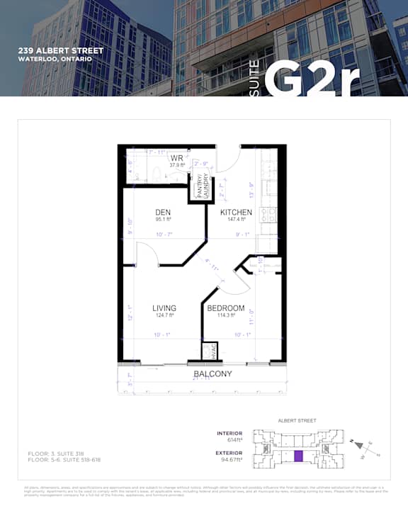 A floor plan for a suite at 239 Albert Street in Waterloo, Ontario.