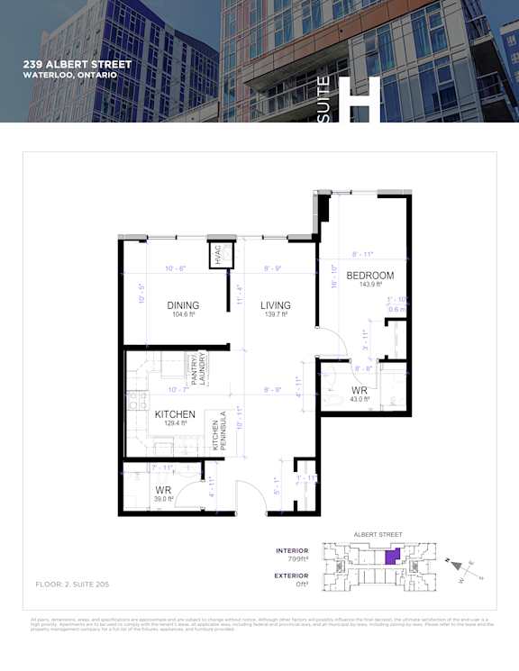 A floor plan for a suite at 239 Albert Street in Waterloo, Ontario.