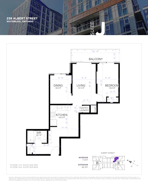 A floor plan for a 2 bedroom suite at 239 Albert Street in Waterloo, Ontario.