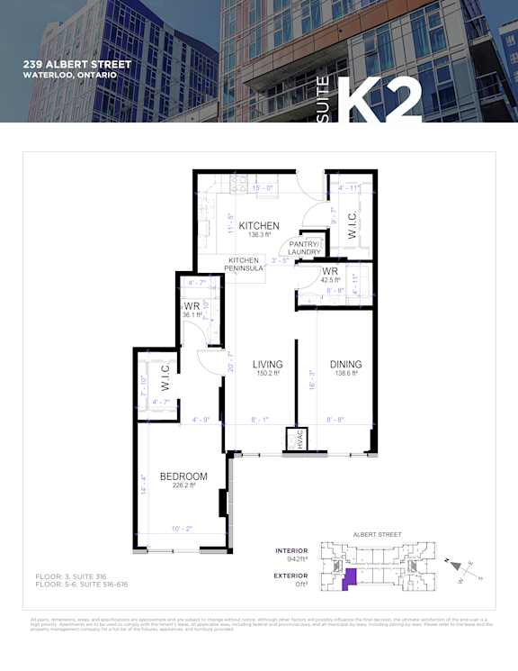 Floor plan for a suite at 239 Albert Street, Waterloo, Ontario.
