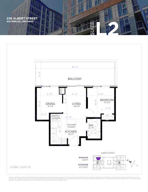 Floor plan for a suite at 239 Albert Street, Waterloo, Ontario.