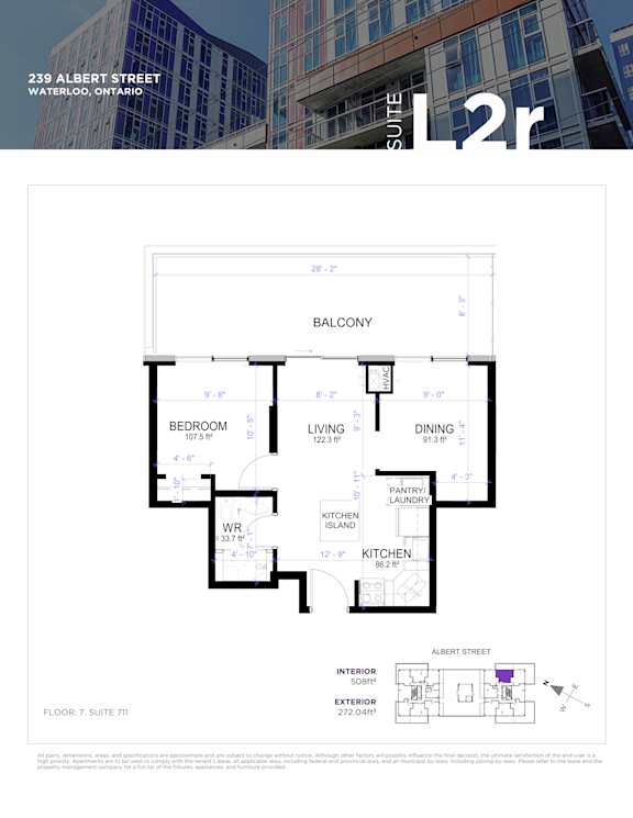 Floor plan for a suite at 239 Albert Street, Waterloo, Ontario.