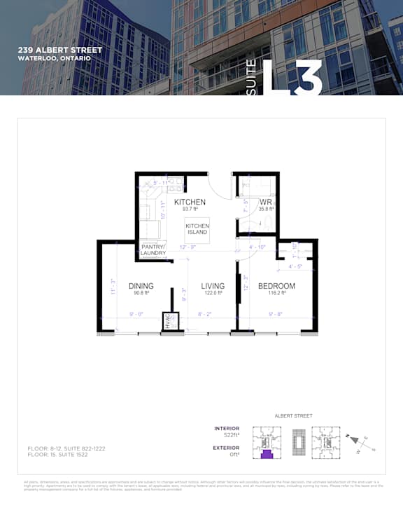 Floor plan for a suite in a building located at 239 Albert Street, Waterloo, Ontario.