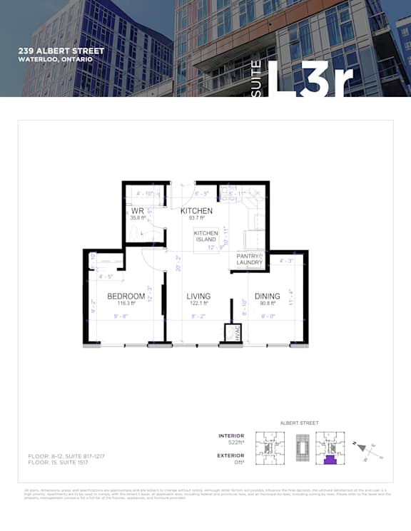 Floor plan for a suite in a building at 239 Albert Street, Waterloo, Ontario.