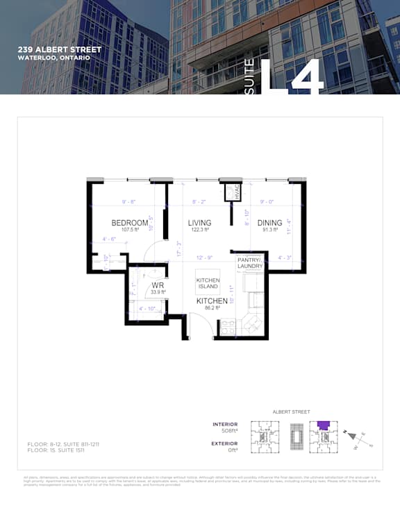 Floor plan for a suite in a building at 239 Albert Street, Waterloo, Ontario.
