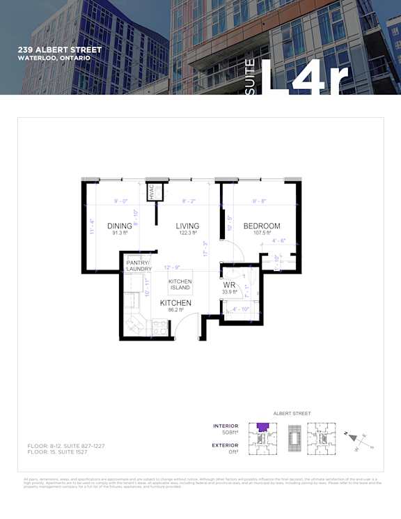 A floor plan for a suite at 239 Albert Street in Waterloo, Ontario.