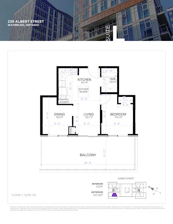 Floor plan for a suite at 239 Albert Street, Waterloo, Ontario.