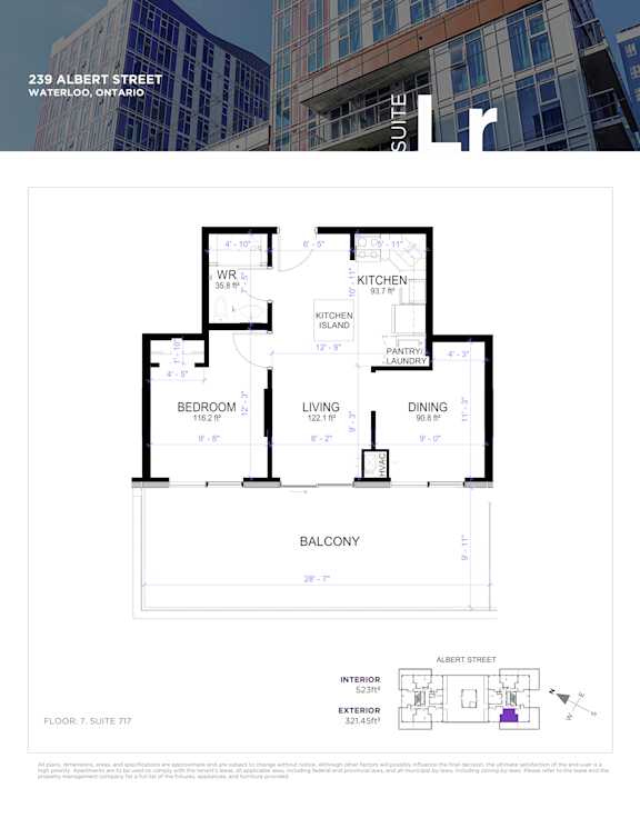 A floor plan for a suite at 239 Albert Street in Waterloo, Ontario.
