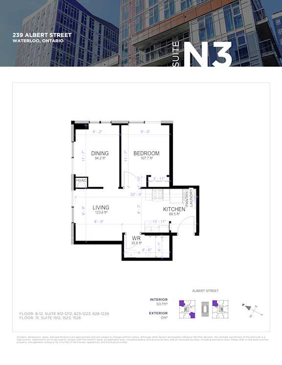 A floor plan for a suite at 239 Albert Street in Waterloo, Ontario.