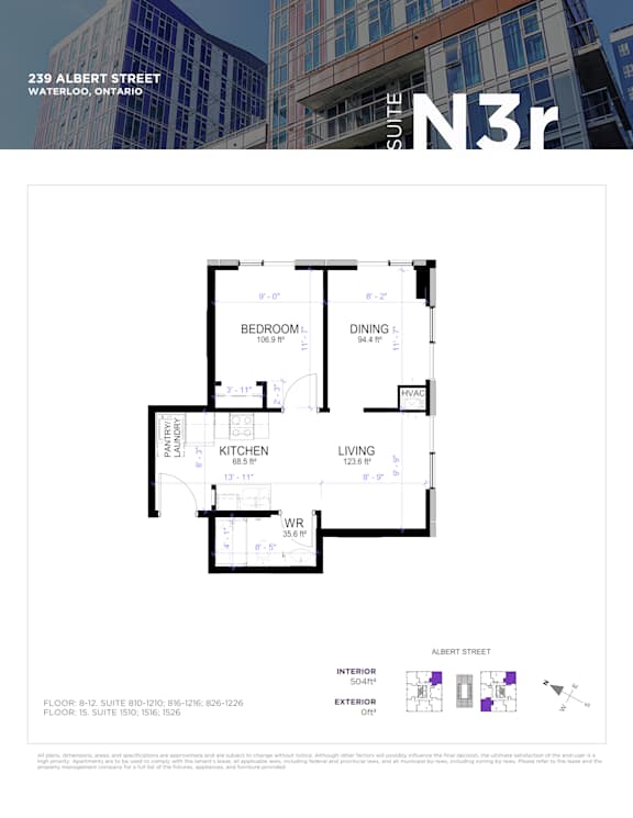 A floor plan for a suite at 239 Albert Street in Waterloo, Ontario.