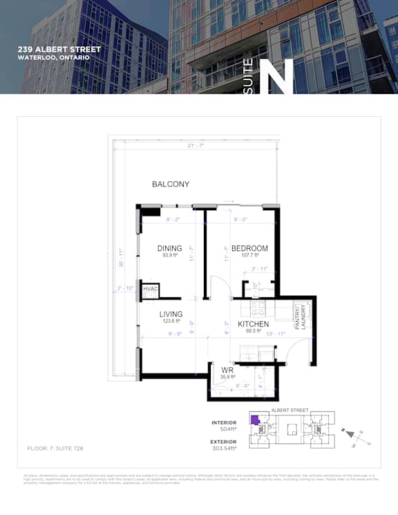 A floor plan for a suite at 239 Albert Street in Waterloo, Ontario.