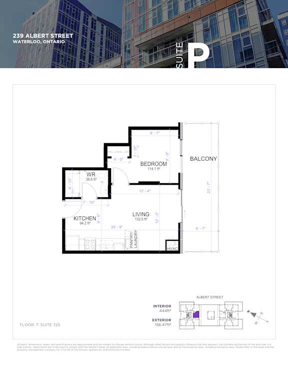 A floor plan for a suite at 239 Albert Street in Waterloo, Ontario.
