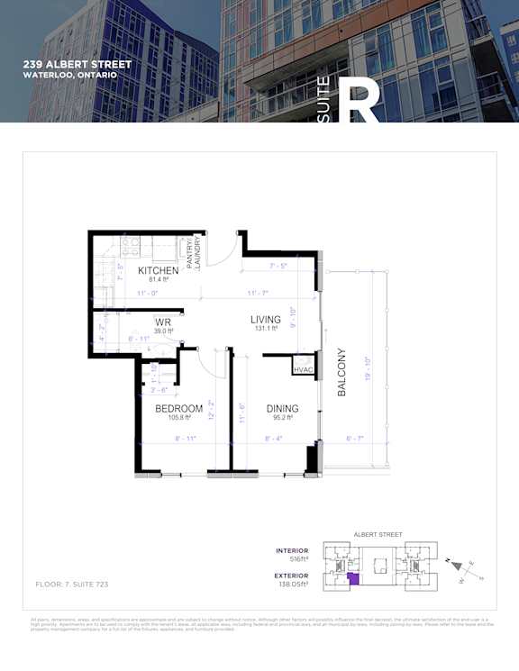 Floor plan for a suite in a building located at 239 Albert Street, Waterloo, Ontario.
