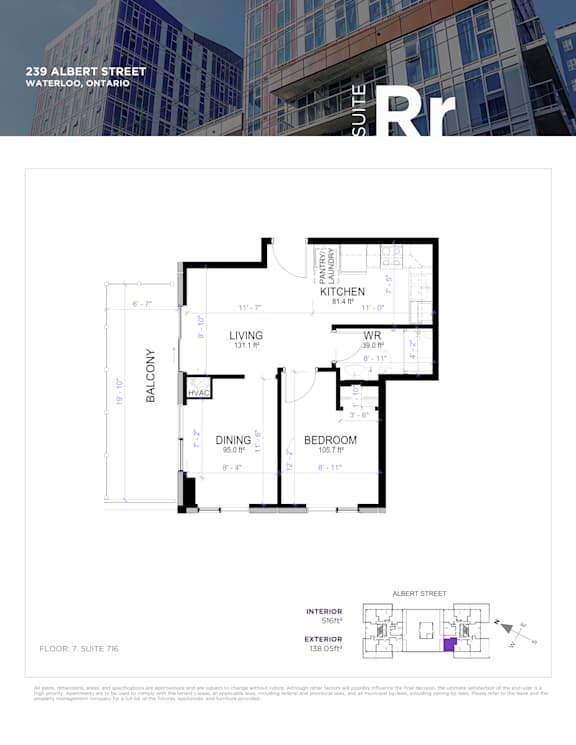 A floor plan for a suite at 239 Albert Street in Waterloo, Ontario.