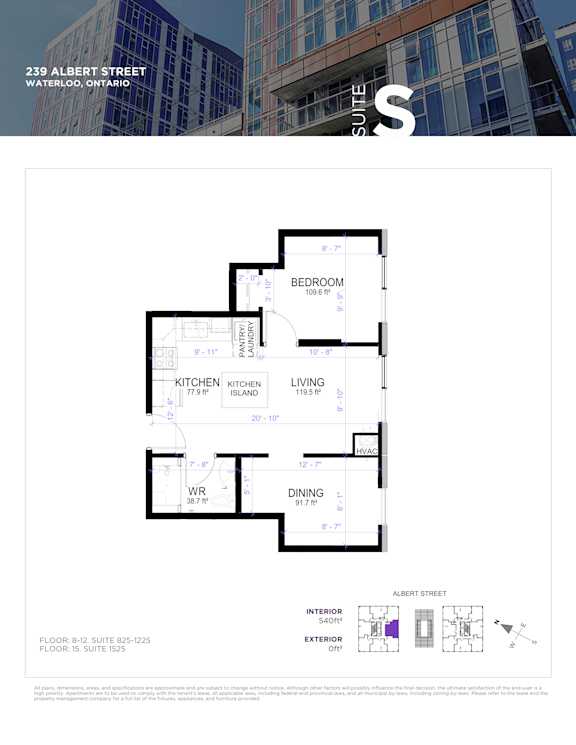Floor plan for a suite at 239 Albert Street, Waterloo, Ontario.