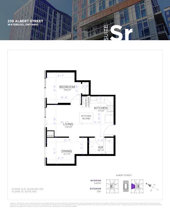 A floor plan for a suite at 239 Albert Street in Waterloo, Ontario.