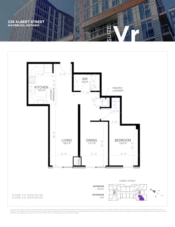 Floor plan for a suite at 239 Albert Street, Waterloo, Ontario.