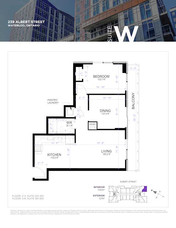 Floor plan for a suite in a building located at 239 Albert Street, Waterloo, Ontario.