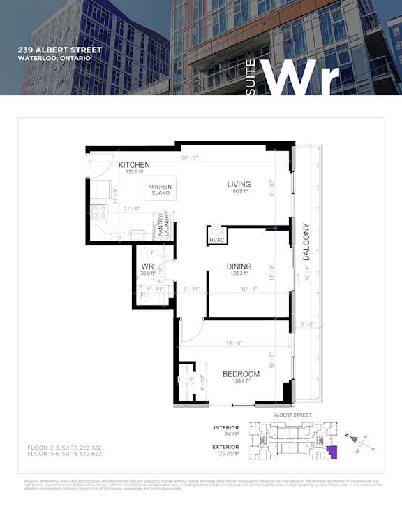 Floor plan for a suite at 239 Albert Street, Waterloo, Ontario.