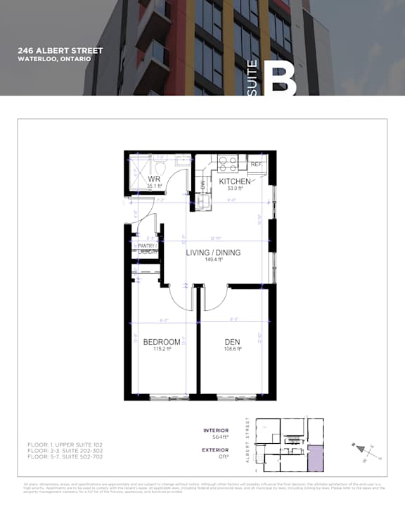 A floor plan for a condo unit at 246 Albert Street in Waterloo, Ontario.