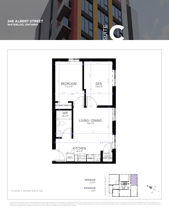 A floor plan for a condo at 246 Albert Street in Waterloo, Ontario is displayed.