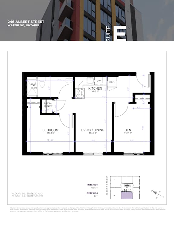 A floor plan for a condo at 246 Albert Street in Waterloo, Ontario.