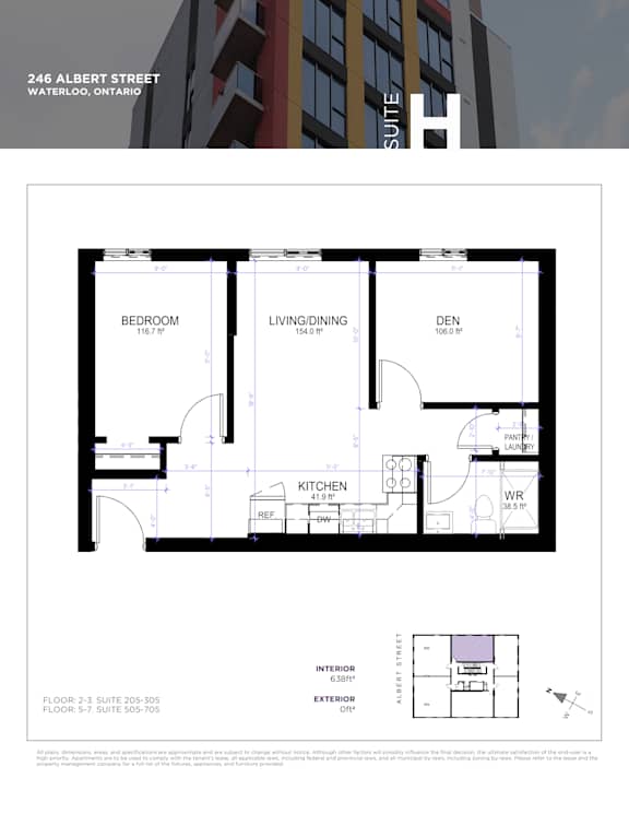 A floor plan for a suite at 246 Albert Street in Waterloo, Ontario.
