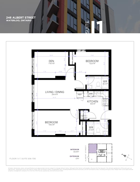 A floor plan for a suite at 246 Albert Street in Waterloo, Ontario.