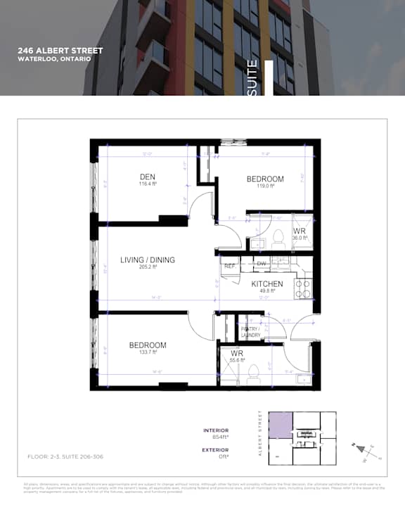 A drawing of a floor plan for a 2-bedroom suite at 246 Albert Street in Waterloo, Ontario.