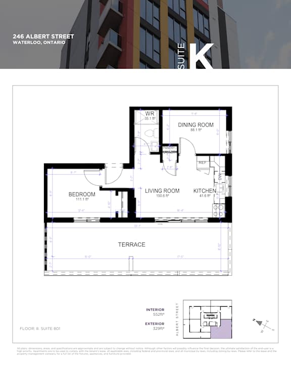 A floor plan for a suite at 246 Albert Street in Waterloo, Ontario.