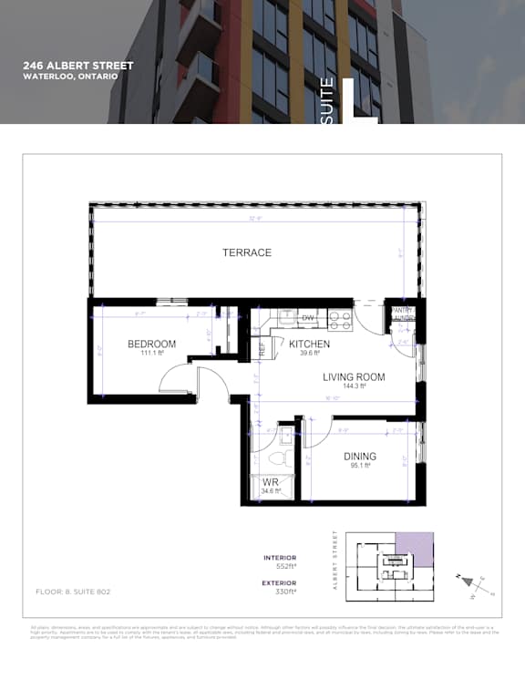A floor plan for a suite at 246 Albert Street in Waterloo, Ontario is displayed.