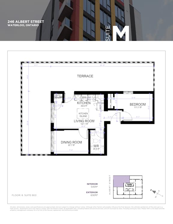 A floor plan for a suite at 246 Albert Street in Waterloo, Ontario.