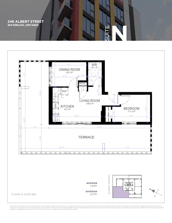 A floor plan for a suite at 246 Albert Street in Waterloo, Ontario.