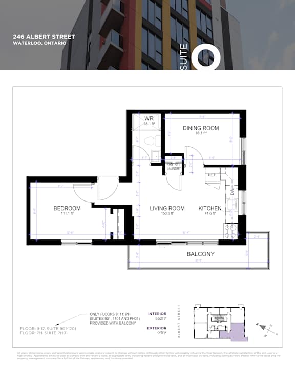 A floor plan for a suite at 246 Albert Street in Waterloo, Ontario.