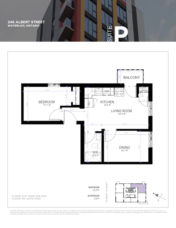 A floor plan for a suite at 246 Albert Street in Waterloo, Ontario is displayed.