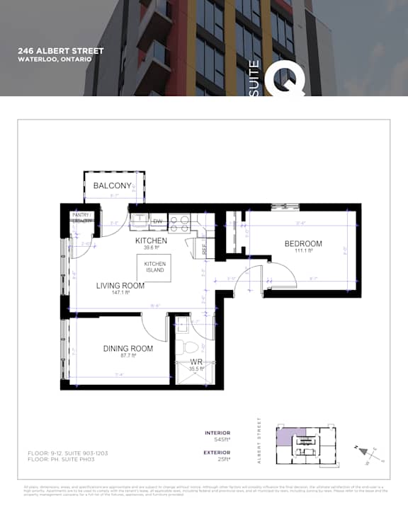 A floor plan for a suite at 246 Albert Street in Waterloo, Ontario is displayed.