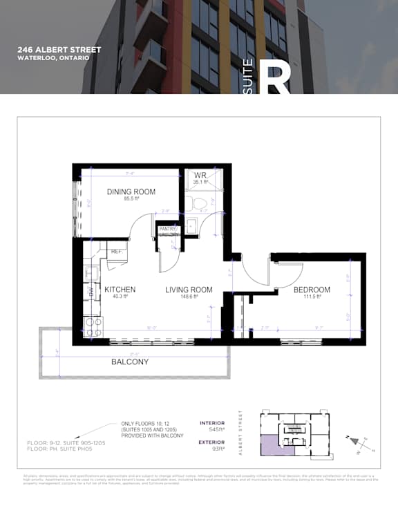 A floor plan for a suite at 246 Albert Street in Waterloo, Ontario.