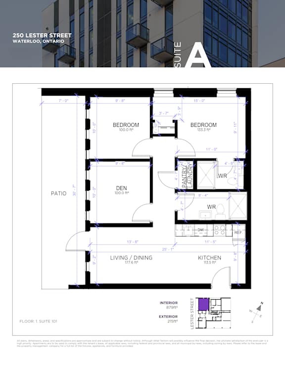 A drawing of a suite of rooms including a bedroom, living room, and kitchen.