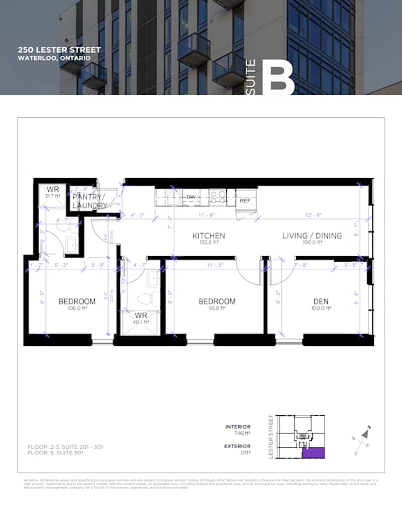 A floor plan for a suite at 250 Lester Street in Waterloo, Ontario.