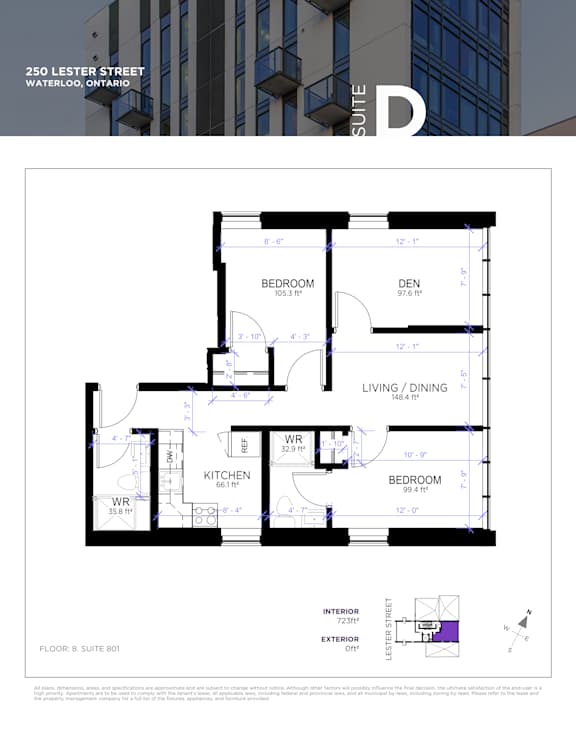 Floor plan for a condo at 250 Lester Street, Waterloo, Ontario.